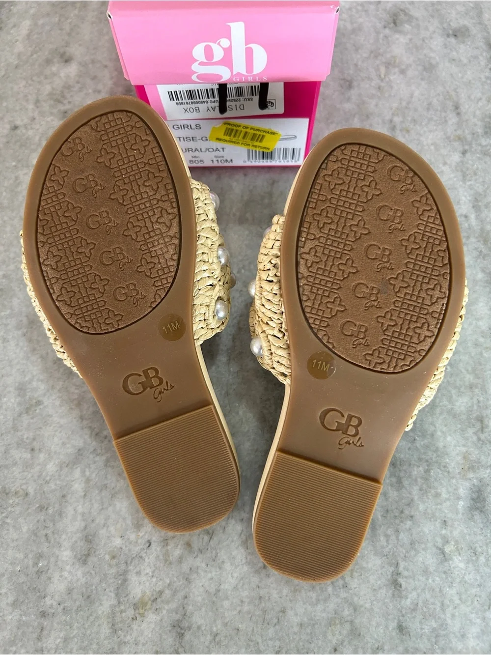 GB Girls Tan Crochet Slide Sandals with Pearl Accents Size 11M